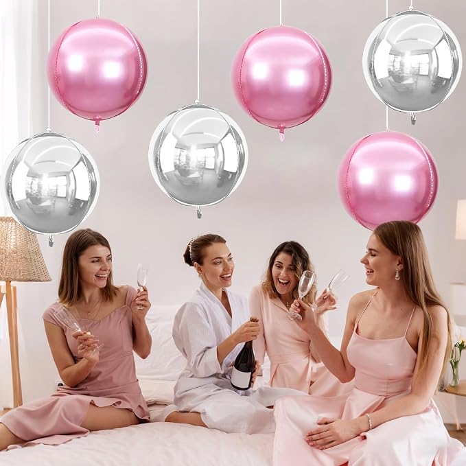 6Pcs Pink Silver Round Foil Balloons, Giant 4D Round Ball Balloon, 22 Inch - Image 6