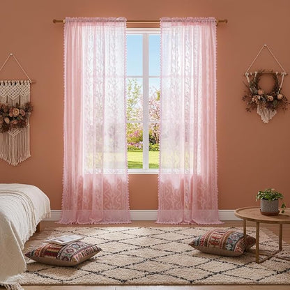 WAZZIO Boho Lace Curtains 84 Inch 2 Panels -Sheer Panel Drape Floral Pattern & - Image 3