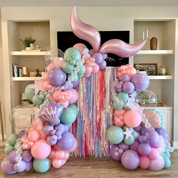 Mermaid Balloons, 12 Inch Pastel Pink Purple Green Clear Metallic Balloons - Image 4