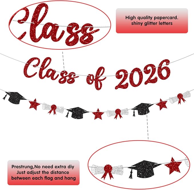Class of 2026 Banner Red Graduation Decorations Prestrung 2026 Graduation Banner - Image 3
