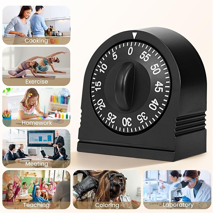 Kitchen Timers for Cooking, 60 Minute Wind Up - Chef Cooking Timer with Loud Alarm,100% Mechanical Desk Timer -No Batteries Required - Manual Countdown timers for Home, Study and Cooking (Black)