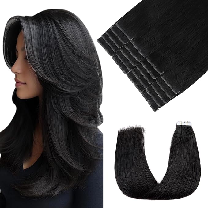 Pinkpearl Invisible Tape in Hair Extensions Human Hair, 20pcs 14inch 40g #1B Natural Black Injection Tape in Extensions Real Remy Straight Seamless Silky Human Hair Injected