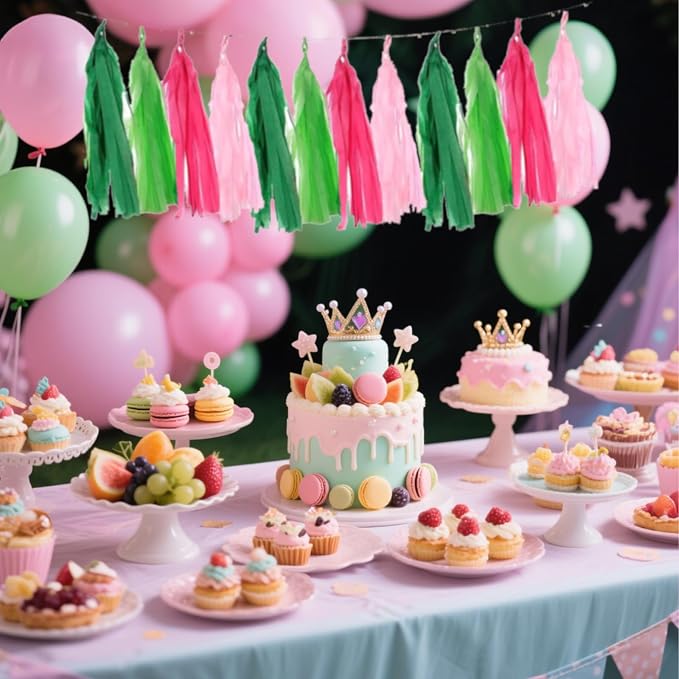 Pink and Green Tissue Paper Tassels Party Tassel Garland Banner - Image 5