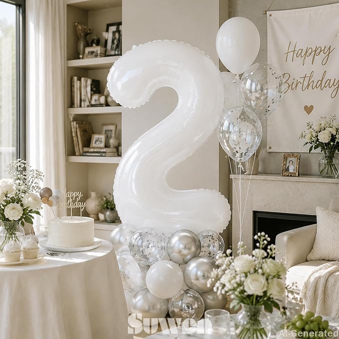 SUWEN 40 Inch White Large 2 Balloon Number Big Foil Helium Numbers 0-9 | Giant - Image 2