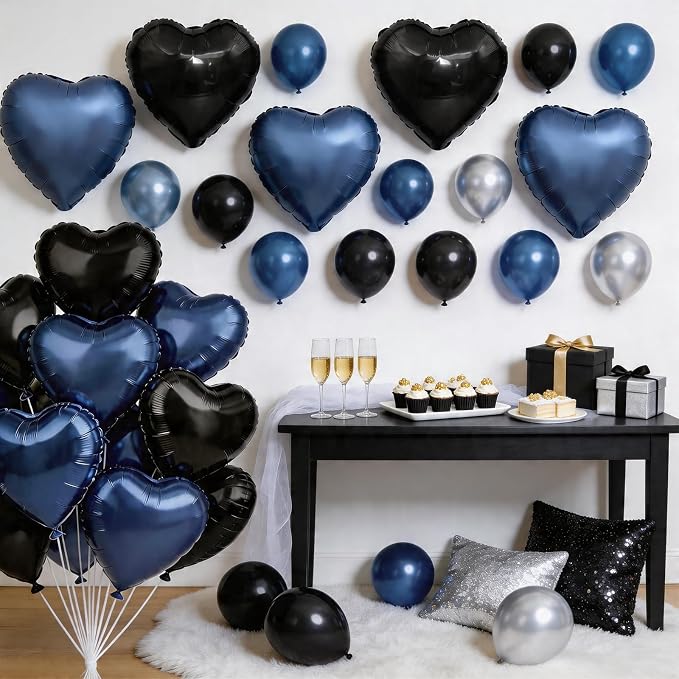 Black Blue Heart Balloons, 18Inch Black Helium Balloon - Image 4