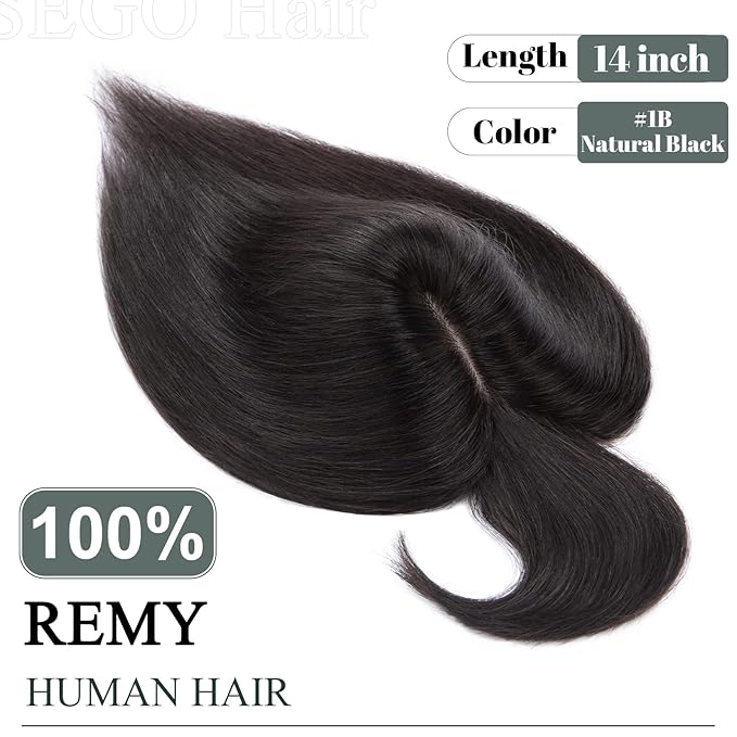 SEGO Hair Toppers for Women Real Human Hair with Thinning Hair, Toppers Hair Clip in Toppers with Front Bangs 150% Density Silk Base -14 Inch #1B Natural black