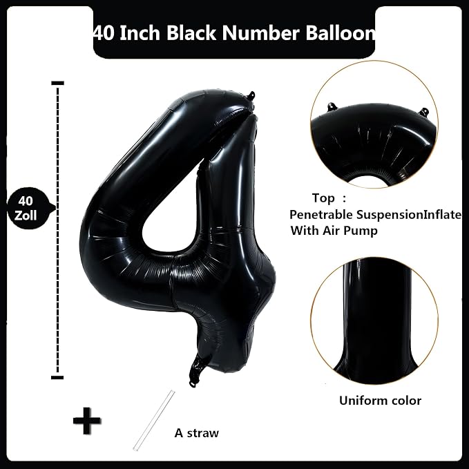 40 inch Black 4 Number Balloon Giant Foil Helium Balloons Black Large Digital - Image 2