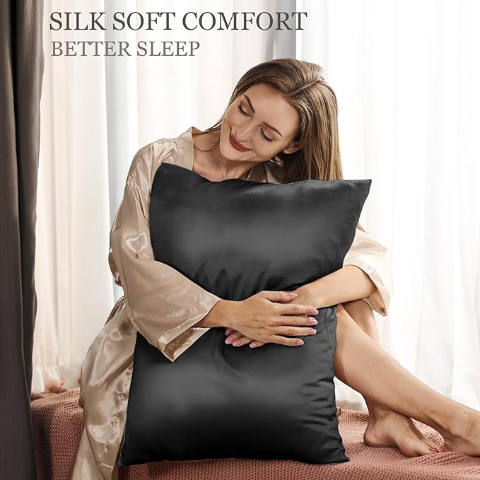 Adubor Silk Pillowcase for Hair and Skin with Hidden Zipper, Both Sides 23 Momme Silk Pillow Case, Queen Size 20×30 inches, Black, 2PCS