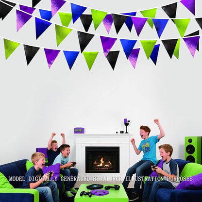 Video Game Party Decorations Black Blue Green Purple Metallic Fabric Triangle - Image 4