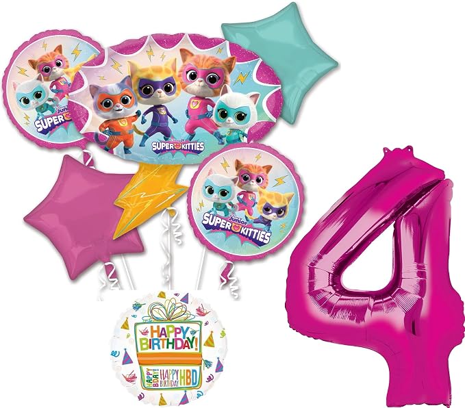 SuperKitties 4th Birthday Party Supplies 7pc Balloons Bouquet Decorations by Anagram