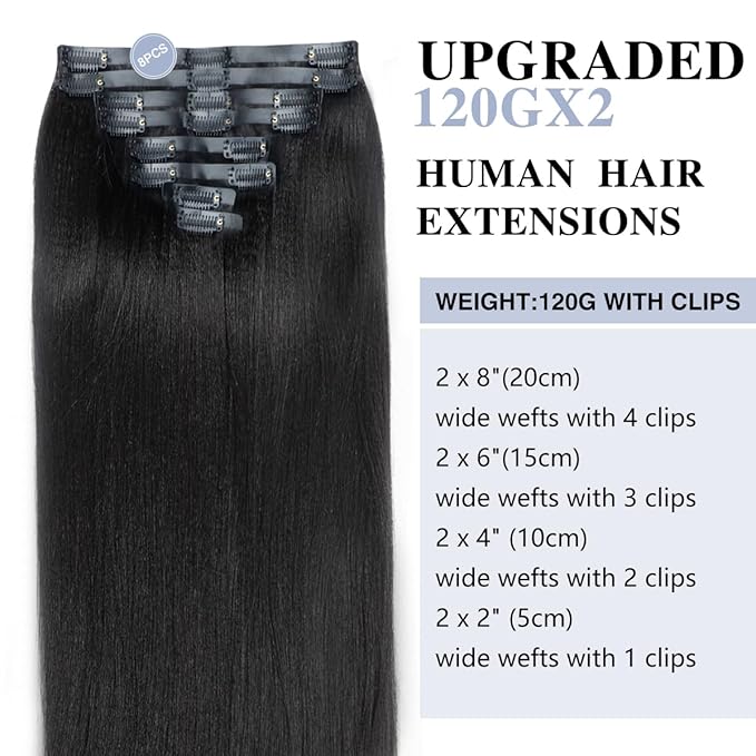 Yaki Straight Clip in Hair Extensions Real Human Hair 2 Pack 240g Seamless for Women Full Max with 16Pcs Remy Human Hair Extensions PU Skin Weft 20inch Natural Black