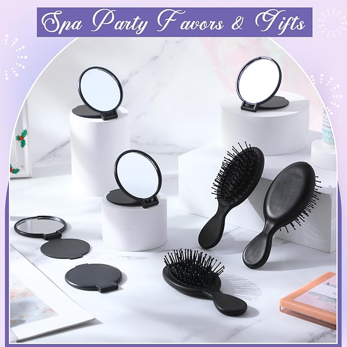 Meanplan 48 Pcs Mini Hair Brush Set 24 Travel Wet Dry Hair Combs Pocket Detangling 24 Compact Folding Makeup Mirrors for Spa Sleepover Birthday Bridal Shower Bachelorette Christmas Party Gift(Black)