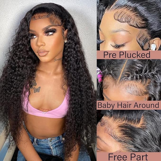 Deep Wave 13X6 HD Lace Front Wigs Human Hair Pre Plucked Brazilian Virgin Deep Curly Wigs with Baby Hair for Black Women Natural Black Color 200% Density 26 Inch