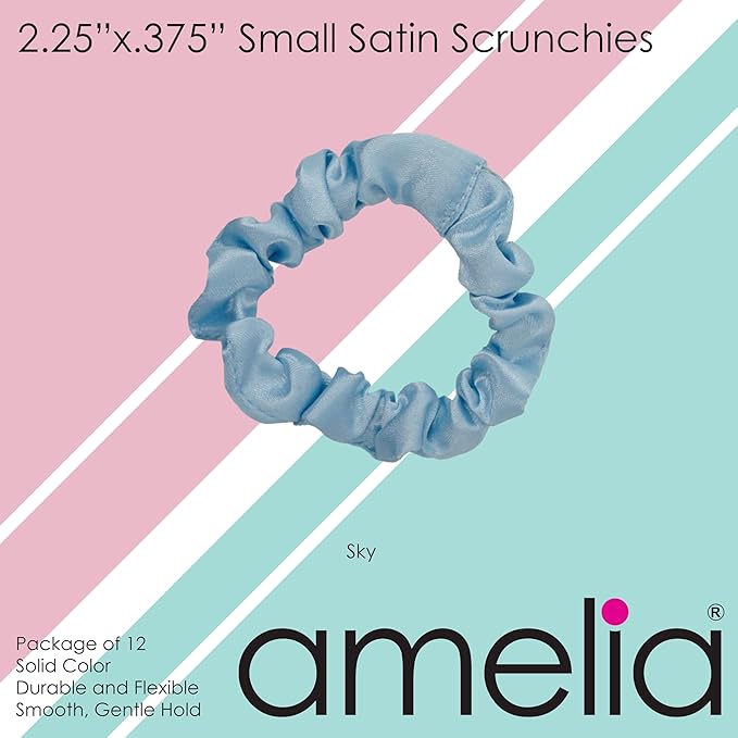 Amelia Beauty, Sky Blue Satin Small Scrunchies, 12-Pack – No Damage Hair Ties for Women, Gentle & Durable Hair Accessories, 2.5in x 0.5in
