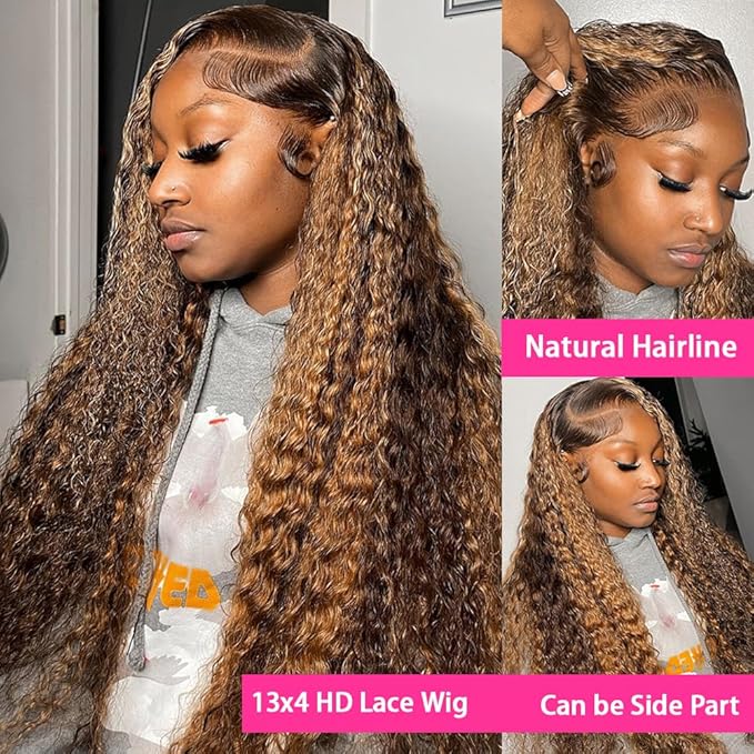 bangjazz 13x4 Deep Wave Lace Front Wigs Human Hair Highlight Ombre 13x4 HD Transparent Lace Frontal Wigs Human Hair 180% Density P4/27 Colored Glueless Curly Wigs for Black Women 20 Inch