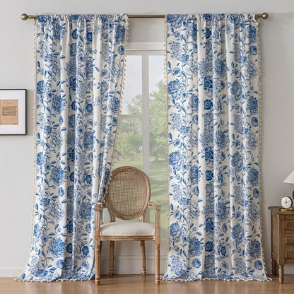 F-CHU Blue Curtains for Bohemian 90 Inch Length French Country Floral Drapes - Image 7