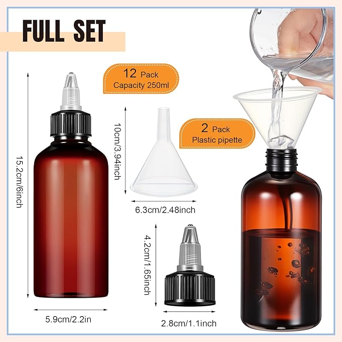 Barydat 12 Pcs Applicator Bottles for Hair, Squeeze Hair Oil Applicator Bottle Refillable Empty Plastic Bottles, Twist Cap with Open Close Nozzle and 2 Funnels (8 oz,Brown)