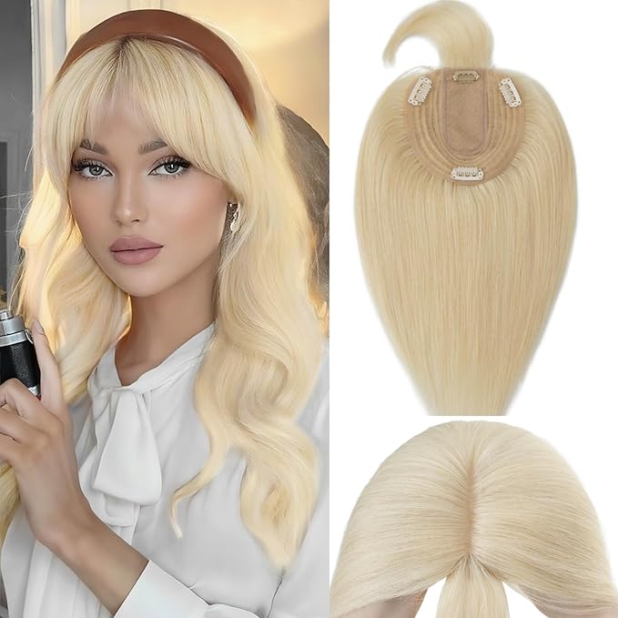 Rich Choices Real Human Hair Topper With Bang for Women - 100% Remy Hair for Thinning Hair, Clip in Silk Base, 10 Inch #613 Bleach Blonde