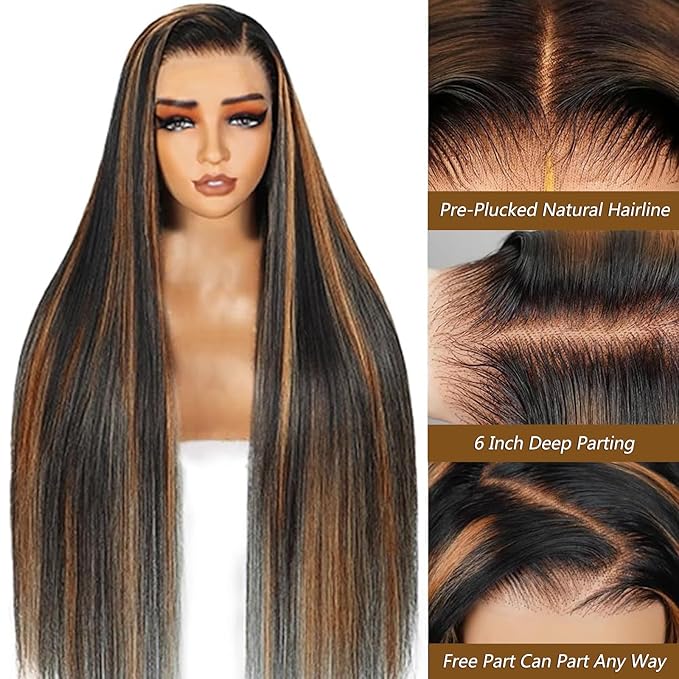 Ombre Lace Front Wig Human Hair 1B/30 Highlight Straight Wigs 13X6 Transparent Lace Frontal Glueless Wigs Honey Blonde Colored Human Hair Pre Plucked for Women 20inch