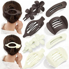 Obeoby 8 Pcs Flat Hair Clips for Women, 4 Types French Flat Claw Clips Hair Barrettes Accessories Large Medium (Off-white, Dark Brown)