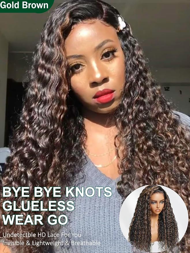 KLAIYI Golden Brown Water Wave Bye Bye Knots Glueless Wig Human Hair Highlight 7x5 Precut Lace Front Pre Plucked Bleached Ombre 3S Ready to Wear Go Beginners Wig with Dark Roots Deep Curly Wave 18Inch
