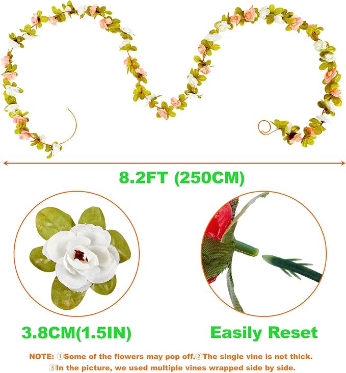Artificial Flower Garland 8pcs 8.2ft Rose Vine Decor, Hanging Faux Roses String - Image 7