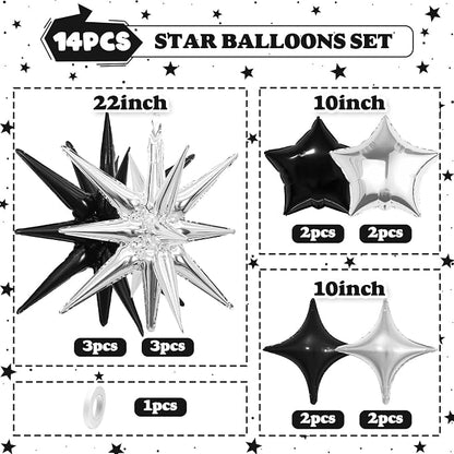 14pcs Black Silver Star Balloons, Mixed Star Foil Balloon, 22Inch Explosion - Image 2
