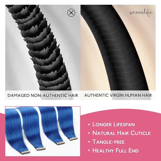 WENNALIFE Tape in Hair Extensions Human Hair Blue Tape in Extensions, 10pcs 25g 18 inch Remy Invisible Tape Ins Straight Colored Soft Real Human Hair Tape in Extensions Refill Set Extensions