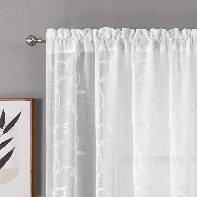 White Sheer Curtains Embroidered Leaves 2 Panels 54Wx63L | Light Filtering - Image 3