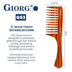 Giorgio G53 Wide Tooth Comb for Curly Hair Detangler, Wide Tooth Combs for Women with Thick Hair, Large Tooth Comb For Wet Hair and Dry, Handmade Rake Comb Detangler Saw-Cut and Hand Polished (8")