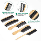 5 Pcs Handmade Bamboo Anti-Static Comb Set for Women and Men - Wide Tooth, Rat Tail, and Fine Tooth Combs for Long, Short, Thick, Thin, Wavy, and Curly Hair Detangling (Natural + Black)