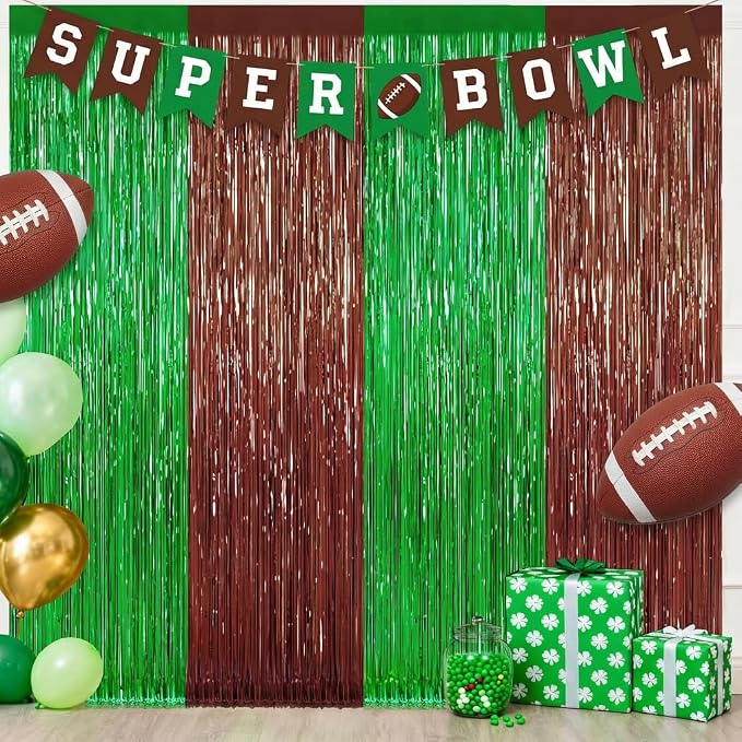 2 Pack Football Party Decorations, 3.28 FT x 6.58FT Tinsel Backdrop, Football by GCBPartyDecorations