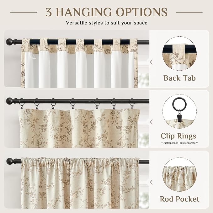 Blackout Vintage Floral Linen Curtains Taupe on Beige 50×96 2 Panels | Elisa - Image 8