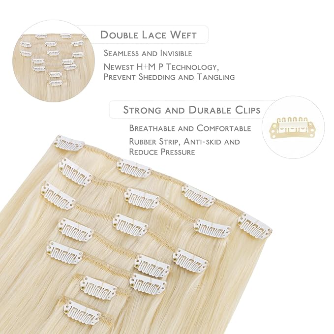 WENNALIFE Clip in Hair Extensions Real Human Hair, 18 Inch 120g 7pcs Platinum Blonde Hair Extensions Clip in Human Hair Remy Clip in Hair Extensions Real Human Hair Double Weft