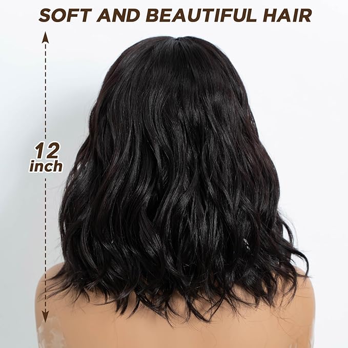 NOBLE Bob Wig with Bangs Short Wavy Wig for Women Dark Brown Shoulder Length Wig Heat Resistant Synthetic Wigs for Daily Party Use 12 Inches