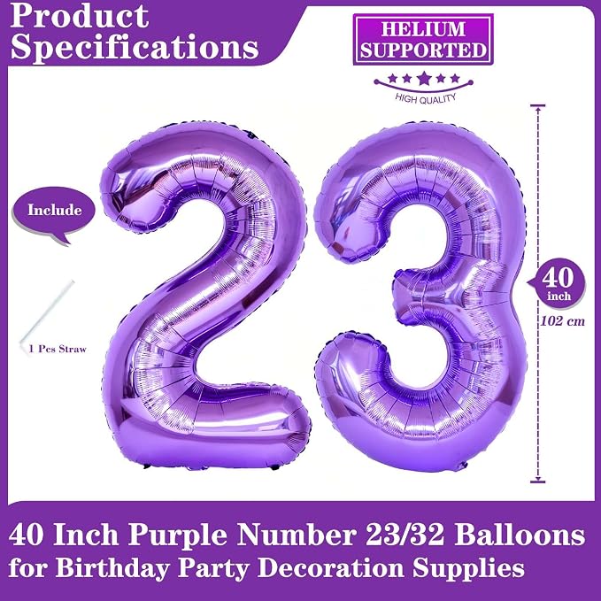 Purple 23 Number Balloons, 40 Inch Giant Number 23 Balloons Foil Mylar Helium - Image 2