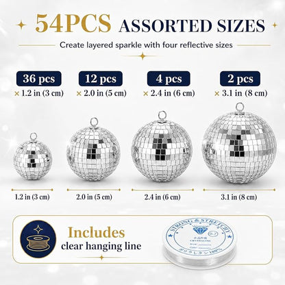 Youdepot 54PCS Mini Silver Disco Balls Hanging Disco Ball Ornaments | - Image 2