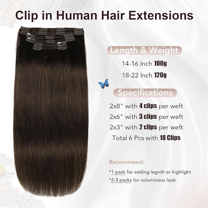 XDhair Clip in Hair Extensions 100g 14Inch Drak Brown Clip in Human Hair Extensions Straight Clip In Real Hair Extension for Women #2