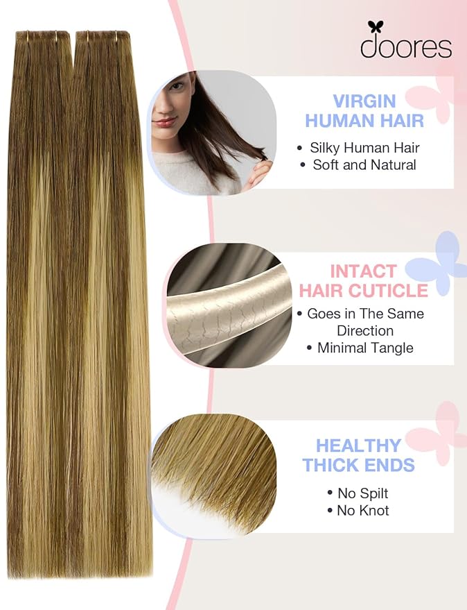 DOORES Invisi Edge Tape in Hair Extensions, Medium Brown Highlighted Dirty Blonde 10 Injection Tape-ins with 10 Injection Tape-ins 50g 24 Inch, Injected Tape in Extensions