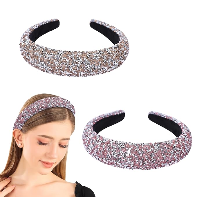 2PCS Rhinestone Wide Headbands for Women Sparkle Padded Headband Fashion Glitter Hairbands Comfort High Elastic Head Band Bling Hair Accessories for Womens Girls Hair