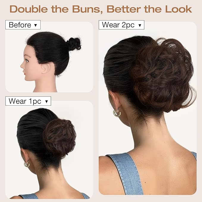 Messy Bun Hair Piece Wavy Curly Scrunchies Fluffy Donut Thick Updo Elegant Chignon Hairpieces for Women Girls, Dark Brown Mix White 1.4oz