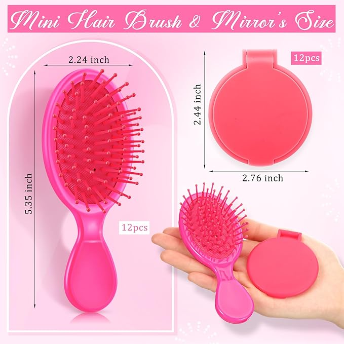 Meanplan 24 Pcs Mini Hair Brush Set 12 Travel Wet Dry Hair Combs Pocket Detangling 12 Compact Folding Makeup Mirror for Spa Sleepover Birthday Bridal Shower Bachelorette Christmas Party Gift(Rose Red)