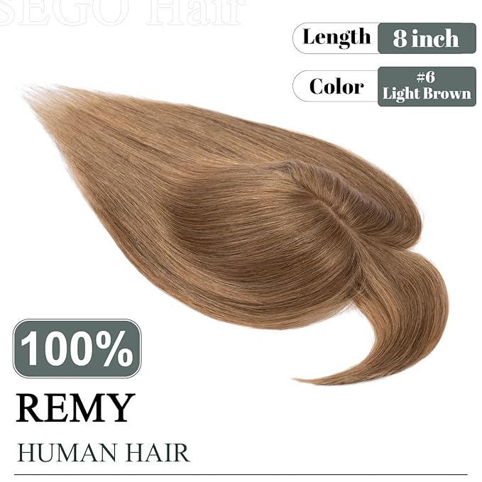 SEGO Hair Toppers for Women Real Human Hair for Thinning Hair, Clip In Topper with Front Bangs, Straight, 150% Density, Silk Base, 8 Inches,#6 Light Brown