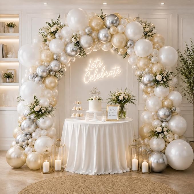 White and Silver Balloon Arch Kit, Double Stuffed Pearl Sand White Metal Silver by FEYG
