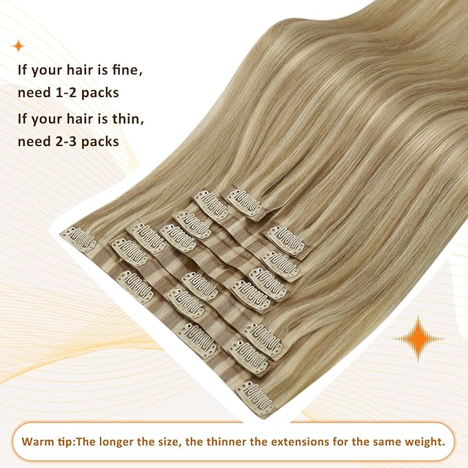 Full Shine Blonde Hair Extensions Real Human Hair Clip ins Golden Blonde Mix Light Blonde Natural Seamless Hair Extension for Women Add Volume 14 Inch 8 PCS 120 G