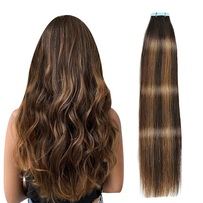 SUYYA Tape in Hair Extensions Human Hair Balayage Darkest Brown to Light Brown 18 Inch 50g/pack 20pcs Straight Seamless Skin Weft Tape in Real Human Hair Extensions(18inch #P2/8/T2)