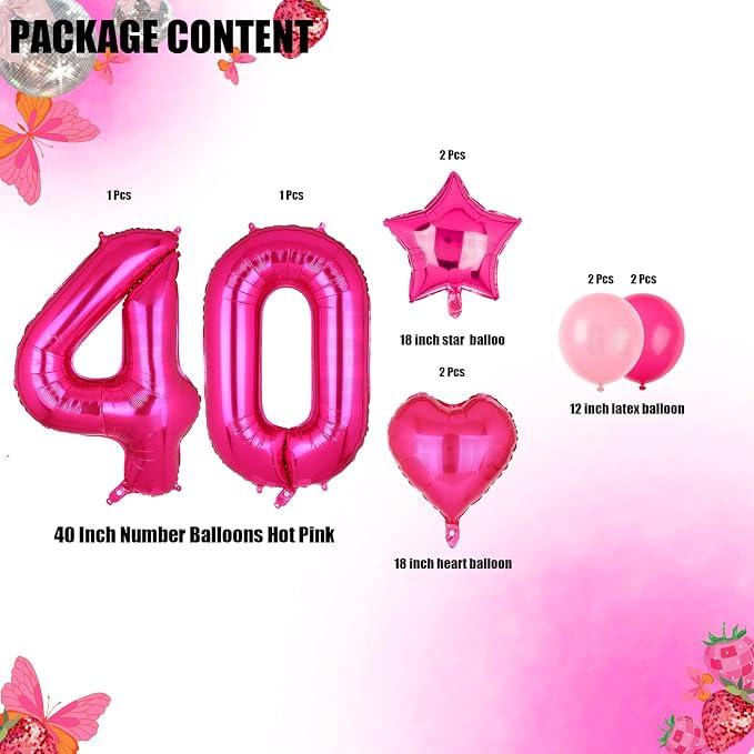 40 Inch Number Balloon Hot Pink 40 Set Pink Theme 40th Birthday Decor 10Pcs | - Image 2