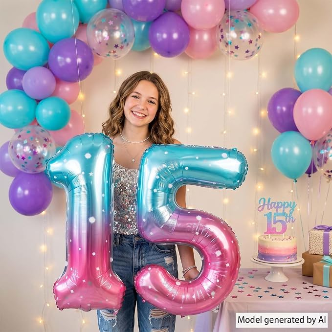 40 Inch Blue Pink Number 15 Balloon, Quinceanera & 15th Birthday Decor | 40in - Image 5