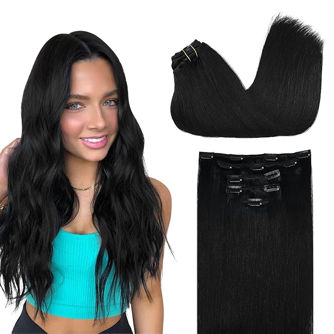 DOORES Clip in Human Hair Extensions, 80g 5pcs Jet Black 20 Inch Remy Hair Extensions Clip in Natural Straight Real Hair Extensions