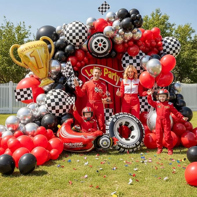 Race Car Balloons Arch Kit -Trophy, Wheels and Red Black Silver Balloon Garland - Image 4